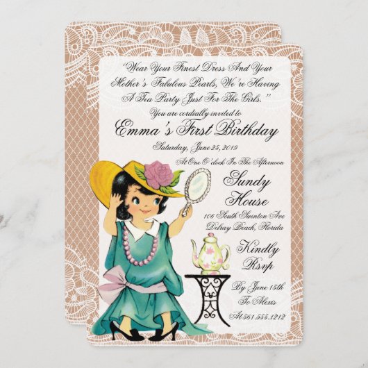 ヴィンテージアイボリーバーラップファースト誕生日 招待状 (正面/裏面)