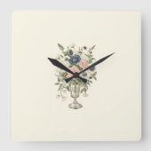 ヴィンテージアイボリーピンク色の青い緑の花 スクエア壁時計 (正面)