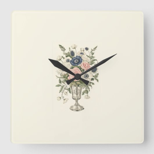 ヴィンテージアイボリーピンク色の青い緑の花 スクエア壁時計 (正面)