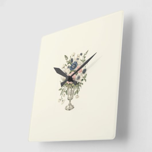 ヴィンテージアイボリーピンク色の青い緑の花 スクエア壁時計 (傾斜)