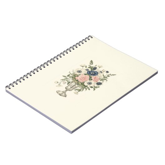 ヴィンテージアイボリーピンク色の青い緑の花 ノートブック (左側)