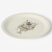 ヴィンテージアイボリーピンク色の青い緑の花 ペーパープレート (アングル)