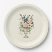 ヴィンテージアイボリーピンク色の青い緑の花 ペーパープレート (正面)