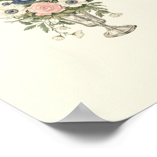 ヴィンテージアイボリーピンク色の青い緑の花 ポスター (角)