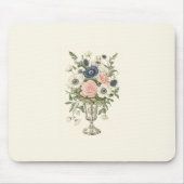 ヴィンテージアイボリーピンク色の青い緑の花 マウスパッド (正面)
