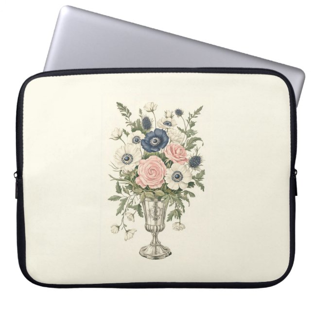 ヴィンテージアイボリーピンク色の青い緑の花 ラップトップスリーブ (正面)