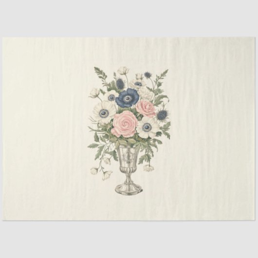 ヴィンテージアイボリーピンク色の青い緑の花 薄葉紙 (正面)