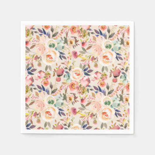 ヴィンテージアイボリーピンク茶色の水色の素朴なフローラ スタンダードカクテルナプキン (正面)