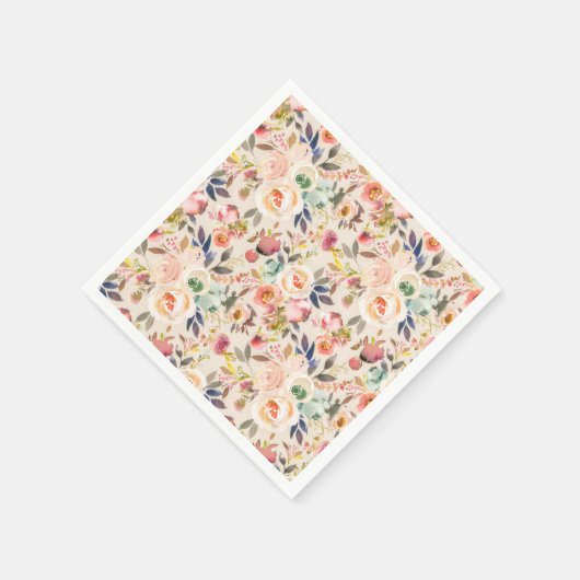 ヴィンテージアイボリーピンク茶色の水色の素朴なフローラ スタンダードカクテルナプキン (角)