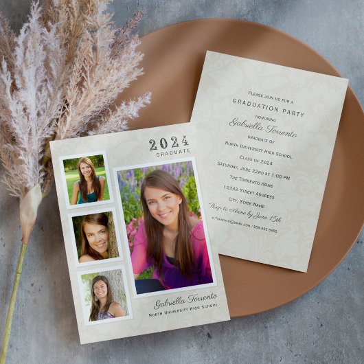 ヴィンテージアイボリーフローラ卒業写真コラージュ 招待状