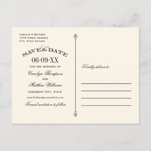 ヴィンテージアイボリーブラックフローリッシュウェディング日付を保存 案内ポストカード (裏面)