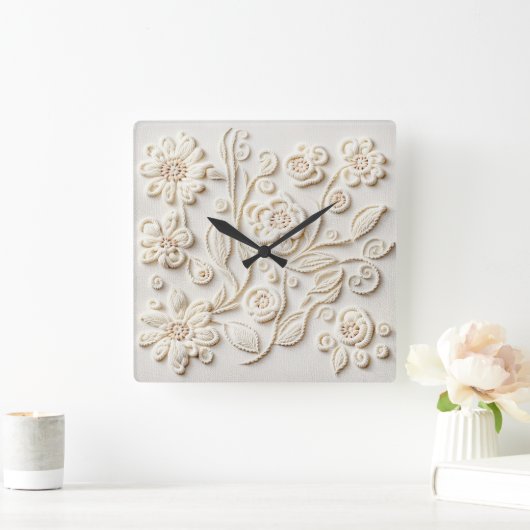 ヴィンテージアイボリー刺繍フローラデザイン スクエア壁時計 (ホーム)