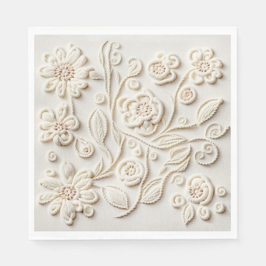 ヴィンテージアイボリー刺繍フローラデザイン スタンダードランチョンナプキン (正面)