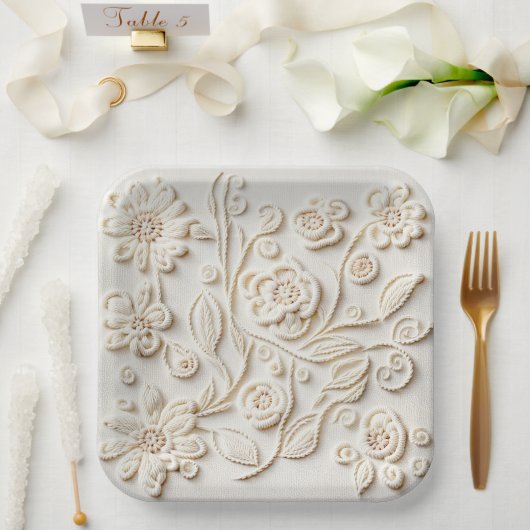ヴィンテージアイボリー刺繍フローラデザイン ペーパープレート (ウェディング)