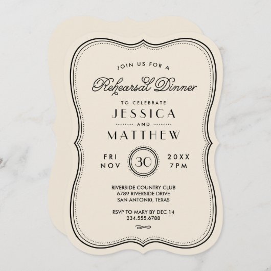 ヴィンテージアイボリー結婚アールデコのリハーサルディナー 招待状 (正面/裏面)