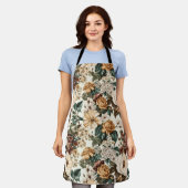 ヴィンテージアイボリー花数々の色バラ模様 エプロン (着用した状態)