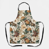 ヴィンテージアイボリー花数々の色バラ模様 エプロン (正面)
