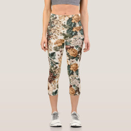 ヴィンテージアイボリー花数々の色バラ模様 カプリレギンス