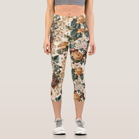 ヴィンテージアイボリー花数々の色バラ模様 カプリレギンス (正面)