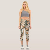 ヴィンテージアイボリー花数々の色バラ模様 カプリレギンス (正面)