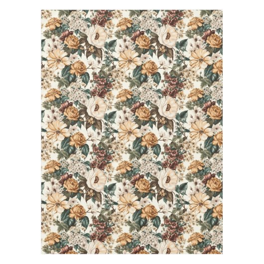 ヴィンテージアイボリー花数々の色バラ模様 テーブルクロス (正面)