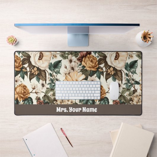 ヴィンテージアイボリー花数々の色バラ模様 デスクマット (オフィス1)