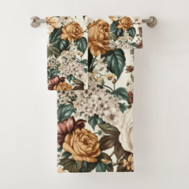 ヴィンテージアイボリー花数々の色バラ模様 バスタオルセット