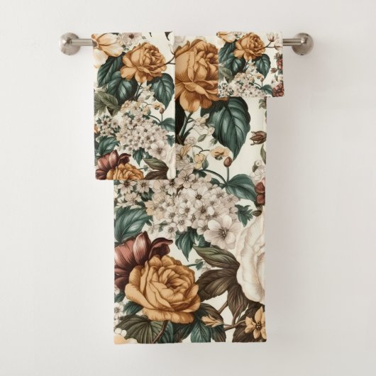 ヴィンテージアイボリー花数々の色バラ模様 バスタオルセット (インサイチュ)