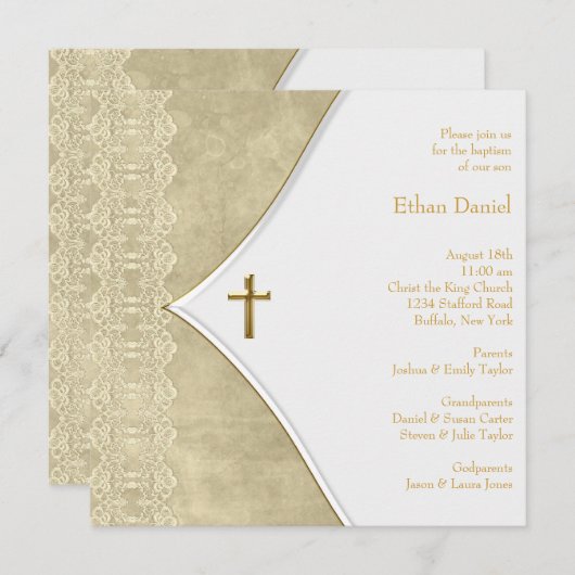 ヴィンテージアイボリー金ゴールドクロスベビー《キリスト教》洗礼式や命名式 招待状 (正面/裏面)