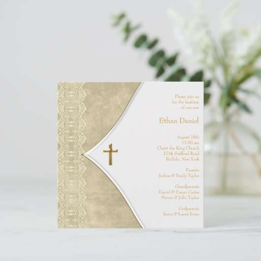ヴィンテージアイボリー金ゴールドクロスベビー《キリスト教》洗礼式や命名式 招待状 (スタンド正面)