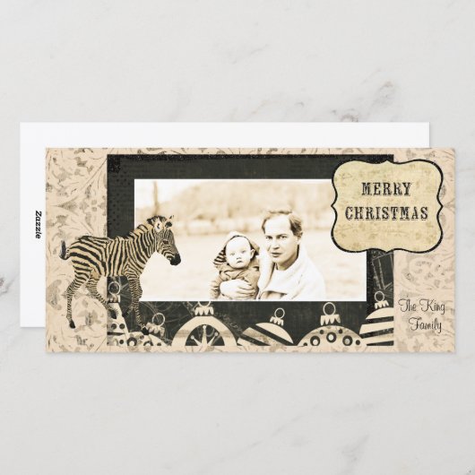 ヴィンテージアイボリー&ブラックゼブラクリスマスフォトカード シーズンカード (正面/裏面)