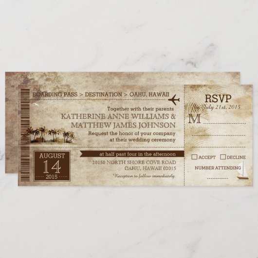 ヴィンテージアイランドリトリートビーチ宛先ウェディング 招待状 (正面/裏面)