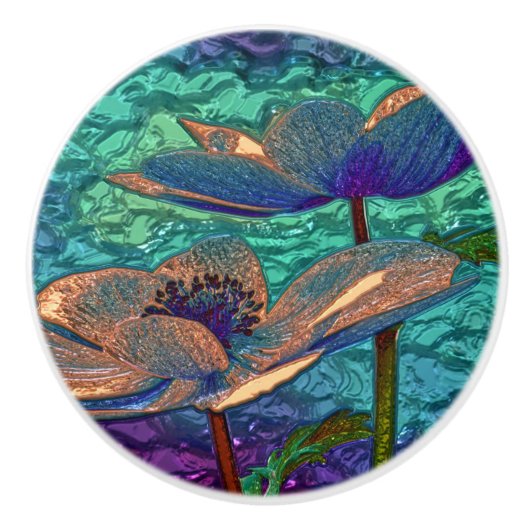 ヴィンテージアイリスデザインブルーとグリーン セラミックノブ (正面)