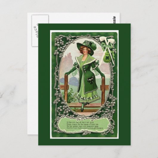 ヴィンテージアイリッシュウィメンズサンパトリックの日グリーン ポストカード (正面/裏面)