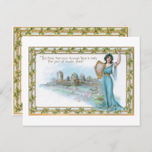 ヴィンテージアイリッシュレディとハープ&シャムロック縁ど シーズンポストカード (正面/裏面)