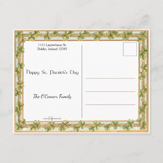 ヴィンテージアイリッシュレディとハープ&シャムロック縁ど シーズンポストカード (裏面)