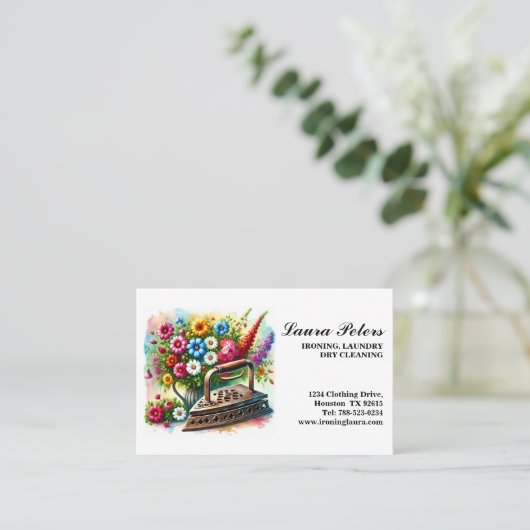 ヴィンテージアイロンフローラアイロン掛け洗濯物乾式洗浄 名刺 (スタンド正面)