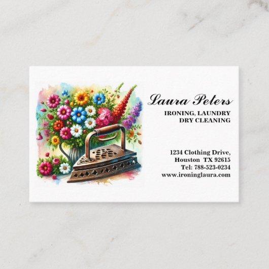 ヴィンテージアイロンフローラアイロン掛け洗濯物乾式洗浄 名刺 (正面)