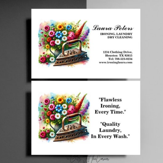 ヴィンテージアイロンフローラアイロン掛け洗濯物乾式洗浄 名刺