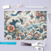 ヴィンテージアインスパイアジアの水色フローラ波 薄葉紙 (クラフト)