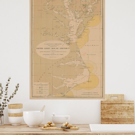 ヴィンテージアウターバンクス&チェサピーク光ハウスマップ ポスター (キッチン)