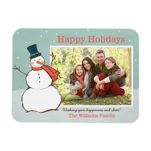 ヴィンテージアクアウィンター雪だるまハッピーホリデーズフォト マグネット (横)