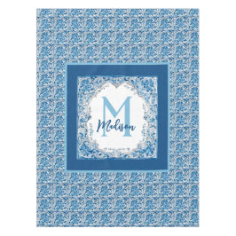 ヴィンテージアクアエレガントブルーイエローモノグラム テーブルクロス