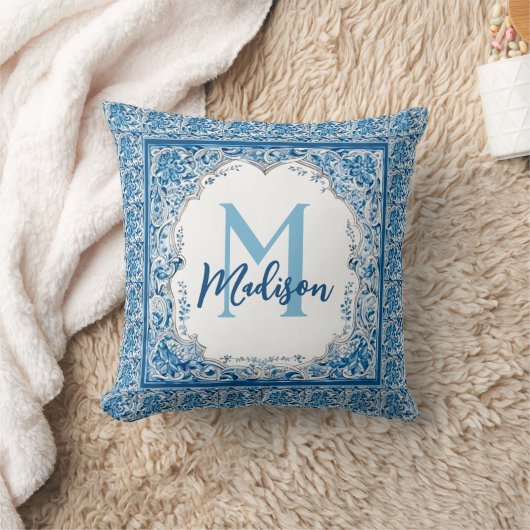 ヴィンテージアクアエレガントブルーモノグラム クッション (ブランケット)