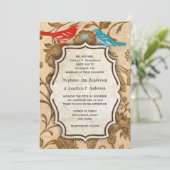 ヴィンテージアクアレッドラブバードパターンウェディング 招待状 (スタンド正面)