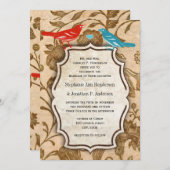 ヴィンテージアクアレッドラブバードパターンウェディング 招待状 (正面/裏面)