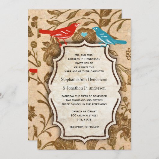ヴィンテージアクアレッドラブバードパタ結婚ーン 招待状 (正面/裏面)