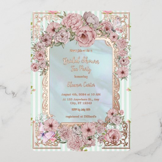 ヴィンテージアクア牡丹ブライダルシャワーティーパーティー 箔招待状 (正面)