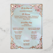 ヴィンテージアクア結婚牡丹の箔プログラムカード 箔招待状 (正面)