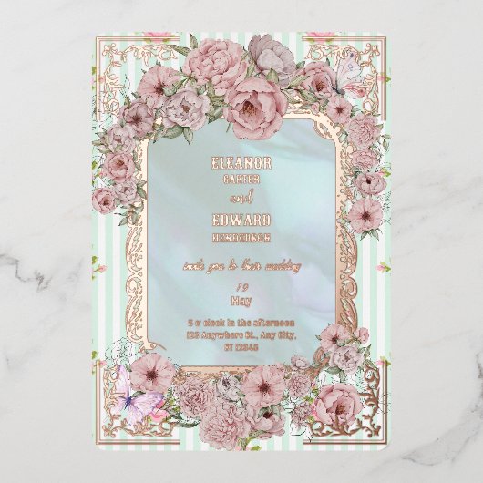 ヴィンテージアクア結婚牡丹フォイル招待状 箔招待状 (正面)